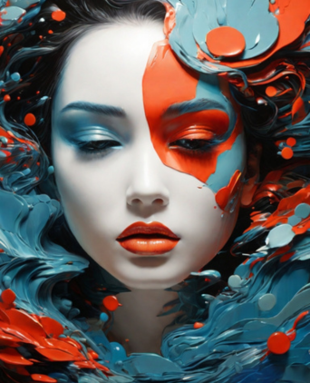 Cover image for the book Original Archetype: Attaching to the Genuine Self to Detach from the Symptomatic Persona by M.R. Estante. The image features a surreal, abstract portrait of a woman's face, half-painted with vibrant swirls of red and blue, symbolizing the contrast between the genuine self and the symptomatic persona. Her serene expression and closed eyes reflect inner peace amidst the dynamic color patterns that represent emotional and psychological layers.