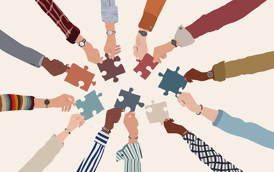 Illustration of diverse hands collaboratively assembling puzzle pieces, symbolizing teamwork and progress. Includes reference to Exposure Therapy Designs as a structured and strategic approach to achieving goals.